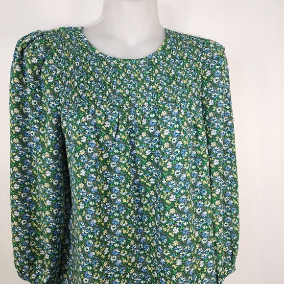 Pleione Women's Top Small Green Floral Smocked Keyhole Neck 3/4 Sleeve Blouse - Picture 3 of 10